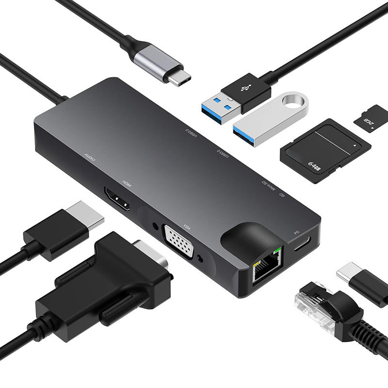 Type-C 8-in-1 100Mbps Network Card Hub Splitter RJ45 HDMI VGA USB Ports SD Card Reader Docking Station Type-C 8-in-1 100Mbps Network Card Hub Splitter RJ45 HDMI VGA USB Ports SD Card Reader Docking Station